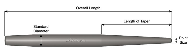 7/16" Diameter, Single End Drift Pin, 3/16" Point Size, 6" Long 601